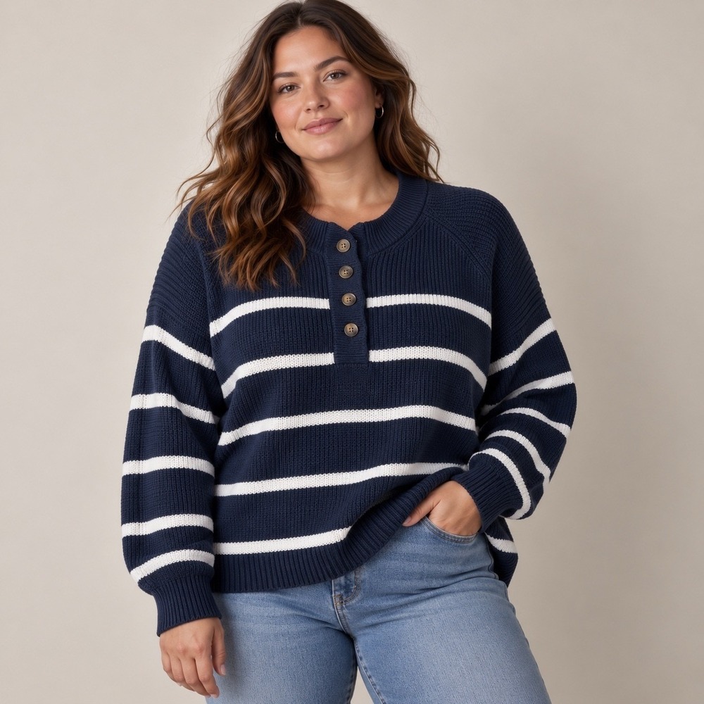 Caslon Women Plus Blue and White Stripe Ribbed Knit Sweater, 2X